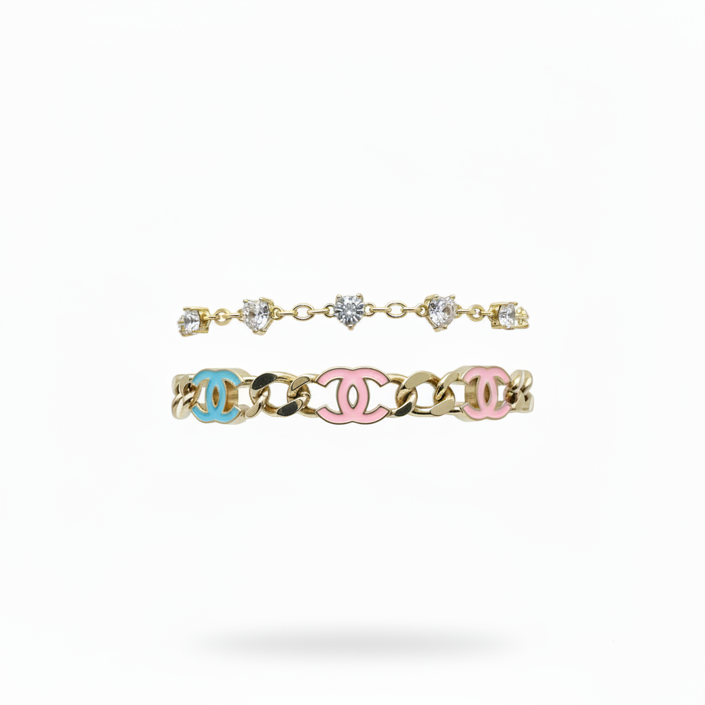 Cc + Diamond Heart Bracelet Set